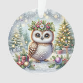 Owl with Holly Wreath & Snowy Trees オーナメント (正面)