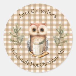 Owl with Mug Brown Gingham Hot Cocoa Mix Label ラウンドシール