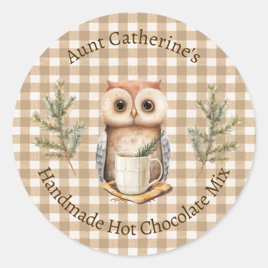 Owl with Mug Brown Gingham Hot Cocoa Mix Label ラウンドシール (正面)