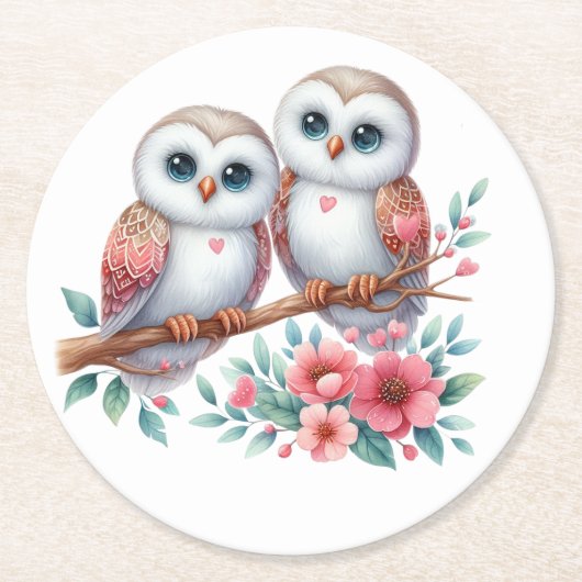 Owl Woodland Boho Rustic Country Wedding ラウンドペーパーコースター (正面)