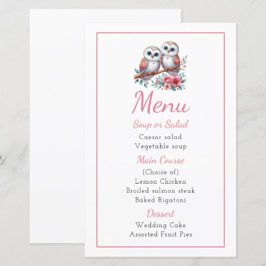 Owl Woodland Boho Rustic Country Wedding Menu (正面/裏面)
