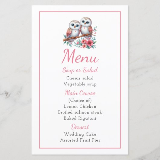 Owl Woodland Boho Rustic Country Wedding Menu (正面)