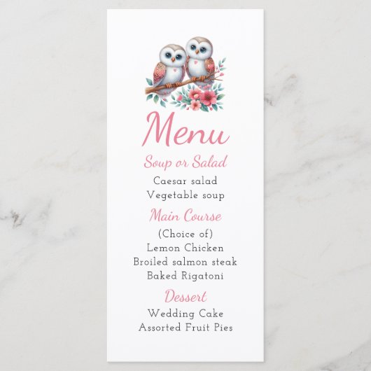 Owl Woodland Boho Rustic Country Wedding Menu メニュー (正面)