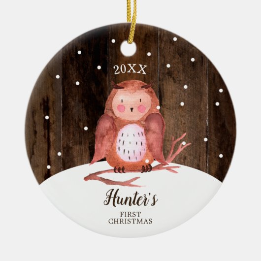 Owl Woodland Personalized Baby's First Christmas セラミックオーナメント (正面)
