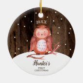 Owl Woodland Personalized Baby's First Christmas セラミックオーナメント (裏面)