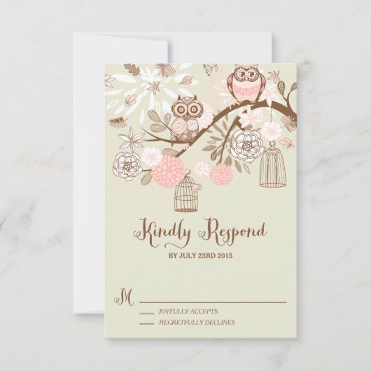 Owl You Need Is Love Pink Owls RSVPカード (正面)