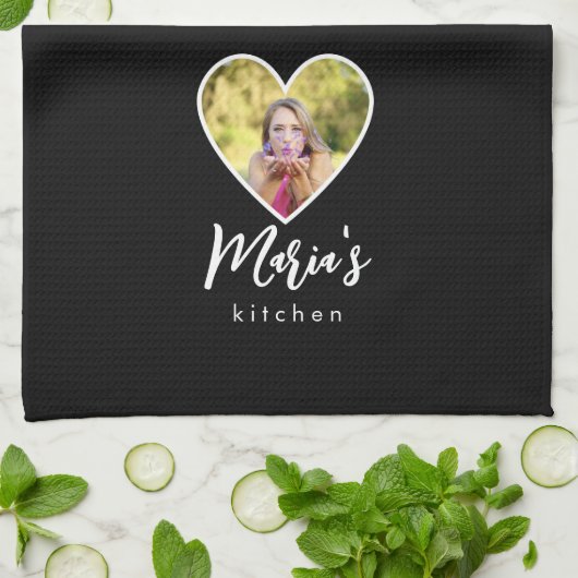 Own Photo in Blackハート枠モダン書 キッチンタオル (折り畳み)