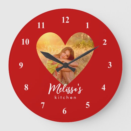 Own Photo Red Heart Frame Modern Calligraphy ラージ壁時計 (正面)