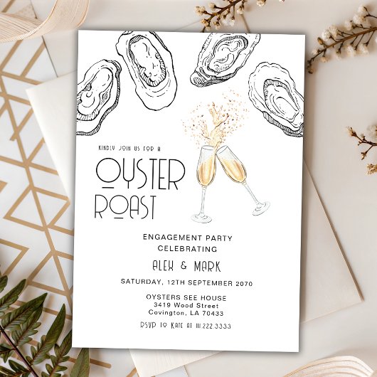 Oyster Roast Hand Draw Champagne Engagement Party 招待状