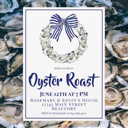Oyster Wreath Blue Striped Ribbon Oyster Roast 招待状