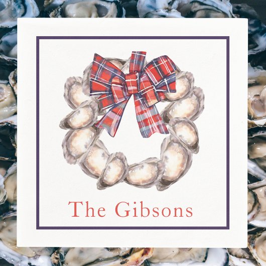 Oyster Wreath Plaid Ribbon Border Personalized スタンダードカクテルナプキン