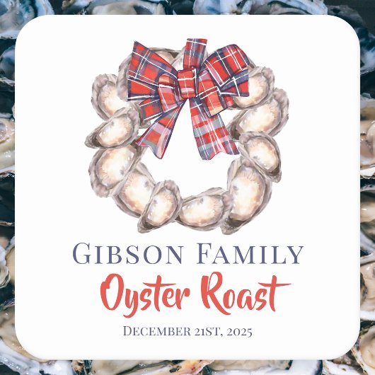 Oyster Wreath Plaid Ribbon Oyster Roast Custom スクエアペーパーコースター