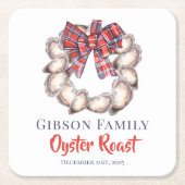 Oyster Wreath Plaid Ribbon Oyster Roast Custom スクエアペーパーコースター (正面)