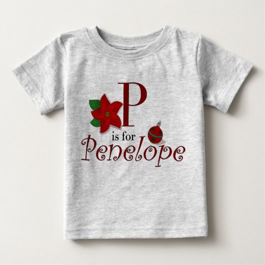 PはPenelope用、ベビーの初めてのクリスマスTシャツ ベビーTシャツ (正面)
