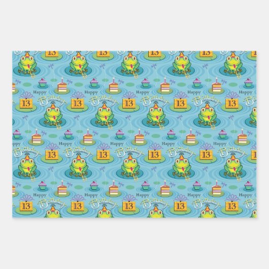 Pを包む誕生日の先端を有する第13おもしろいカエル ラッピングペーパーシート (正面3)