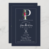 Pモノグラムラストイニシャルモダンブルーフローラ結婚ズ 招待状 (正面/裏面)