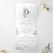 'P'モノグラム美しいスケッチフローラ結婚's 三つ折り招待状 (内部)