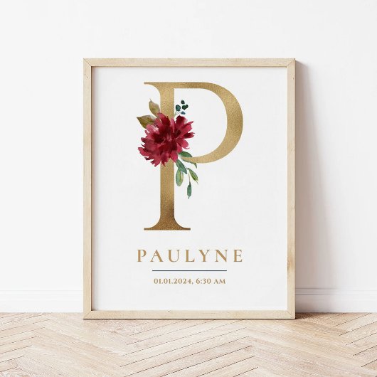 Pレターモノグラムネームマルサラフローラ子供部屋 ポスター