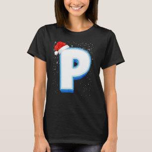 P雪の大文字クリスマスモノグラムアルファベット文字 Tシャツ