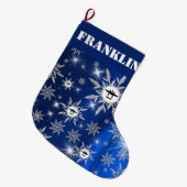 P-38シルエットを青い背景と雪の結晶に ラージクリスマスストッキング (正面 (吊り時))