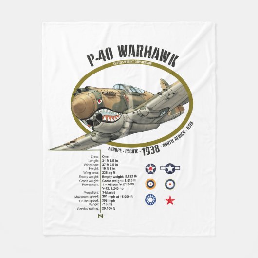 P-40 WARHAWK CURTIS FLYING TIGERS PLANE フリースブランケット (正面)