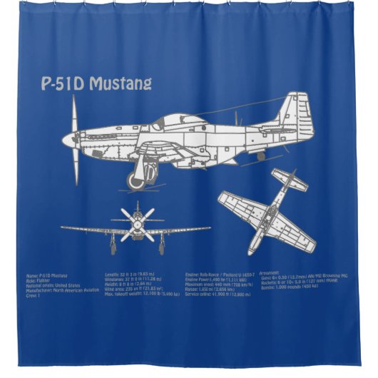 P-51Dマスタング – 飛行機の設計図ABD シャワーカーテン (正面)