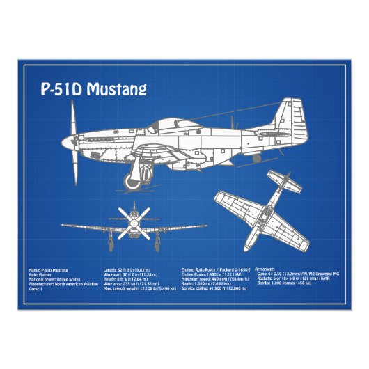 P-51Dマスタング – 飛行機の設計図ABD フォトプリント            (正面)