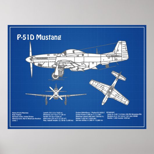 P-51Dマスタング – 飛行機の設計図ABD ポスター (正面)