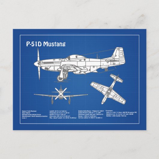P-51Dマスタング – 飛行機の設計図ABD ポストカード (正面)