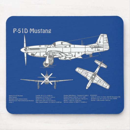 P-51Dマスタング – 飛行機の設計図ABD マウスパッド (正面)