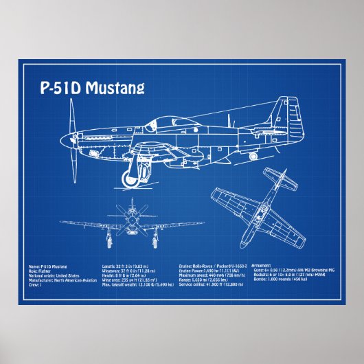 P-51Dマスタング – 飛行機の設計図AD ポスター (正面)