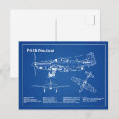 P-51Dマスタング – 飛行機の設計図AD ポストカード (正面/裏面)