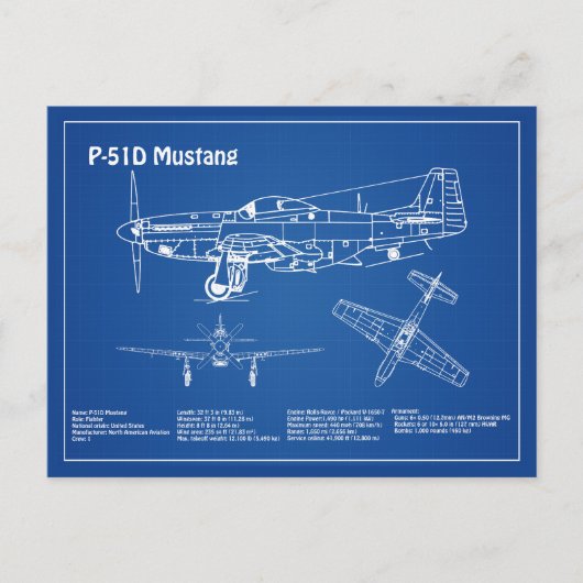 P-51Dマスタング – 飛行機の設計図AD ポストカード (正面)