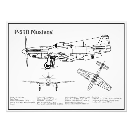 P-51Dマスタング – 飛行機の設計図BD フォトプリント            (正面)