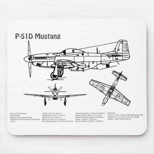 P-51Dマスタング – 飛行機の設計図BD マウスパッド (正面)