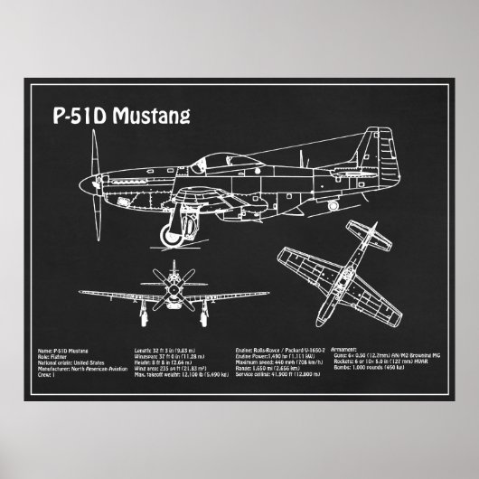 P-51Dマスタング – 飛行機の設計図PD ポスター (正面)