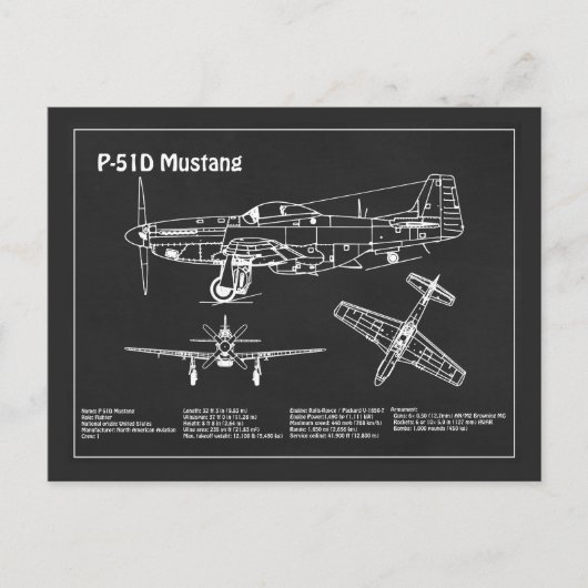 P-51Dマスタング – 飛行機の設計図PD ポストカード (正面)