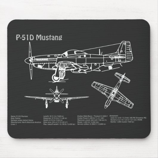P-51Dマスタング – 飛行機の設計図PD マウスパッド (正面)