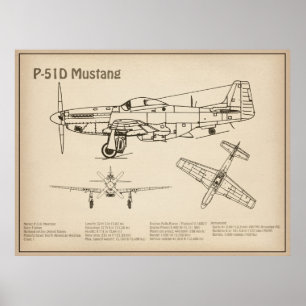 P-51Dマスタング – 飛行機の設計図SD ポスター