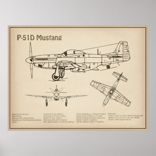 P-51Dマスタング – 飛行機の設計図SD ポスター (正面)