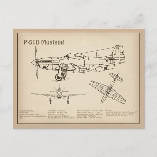 P-51Dマスタング – 飛行機の設計図SD ポストカード (正面)