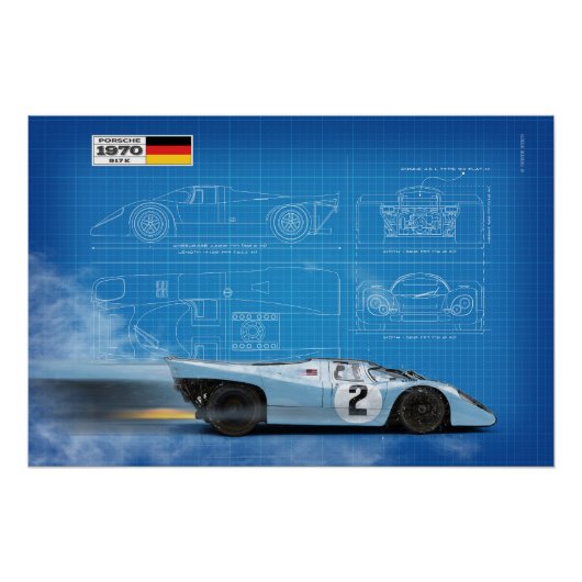 P 917 Blue and Orange Blueprint ポスター (正面)