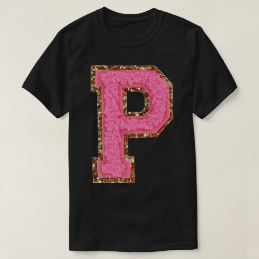 P - BublegumグリッターVarsityレターパッチスティック Tシャツ (デザイン正面)