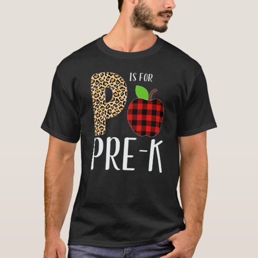 P Is For Pre K Teacher Leopard Buffalo Plaid Kids Tシャツ (正面)