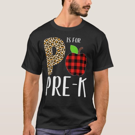 P Is For Pre K Teacher Leopard Buffalo Plaid Kids  Tシャツ (正面)