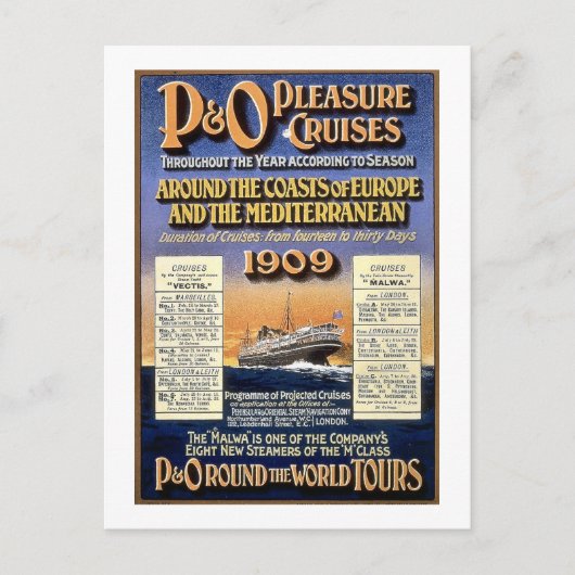 P&Oプレジャークルーズ – ヴィンテージ旅行ポスター ポストカード (正面)