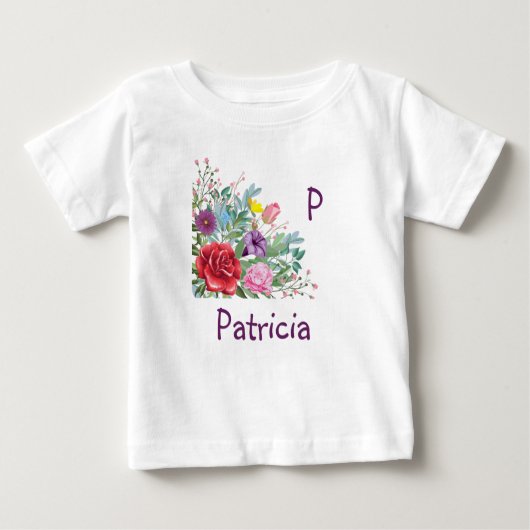P Patriciaパーソナライズされたレター名,バラ花 ベビーTシャツ (正面)