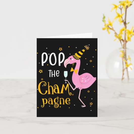 P The Champagne It's New Year! Funny Flamingo Drin カード (黄色い花)