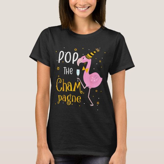 P The Champagne It's New Year! Funny Flamingo Drin Tシャツ (正面)