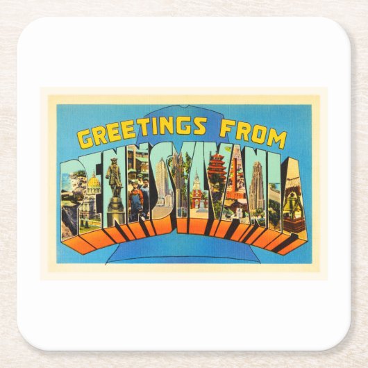 PAのヴィンテージ旅行記念品ペンシルバニア州 スクエアペーパーコースター (正面)